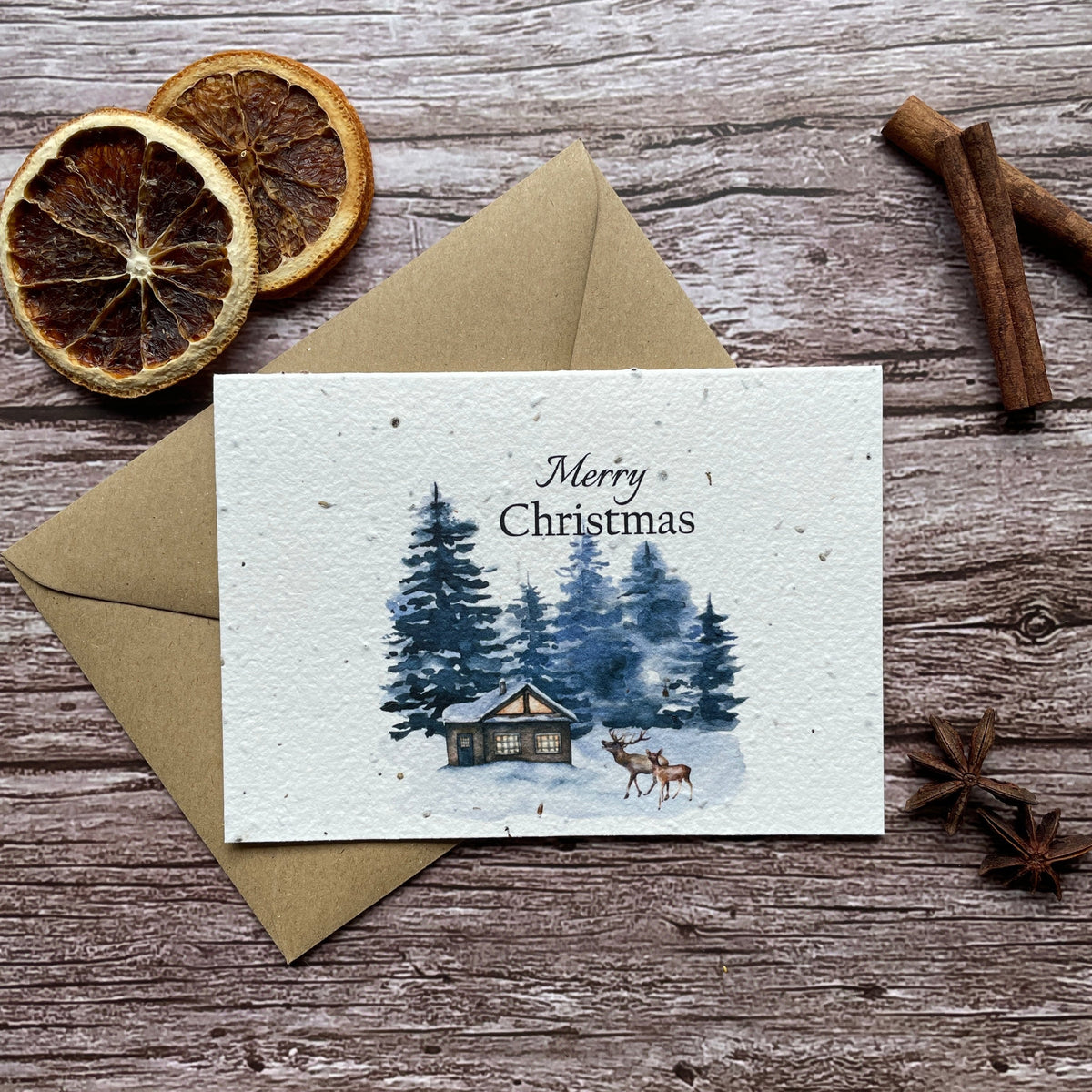 pine forest plantable christmas card front, landscape design, eco-friendly card made from seed paper, alakartcreations