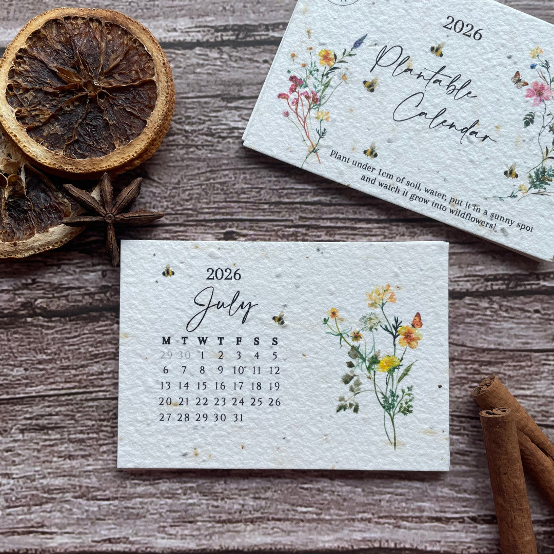 2026 seed paper calendar card with floral design on a wooden surface with dried oranges and cinnamon sticks.