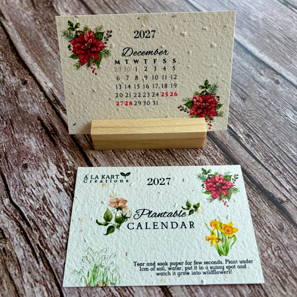 plantable 2027 calendars on a wooden stand