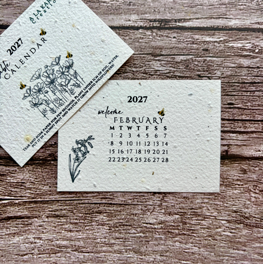 2027 February month plantable calendar on wooden background