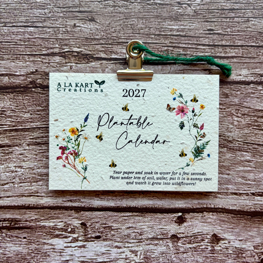 plantable 202 calendar with wildflowers on a wooden background
