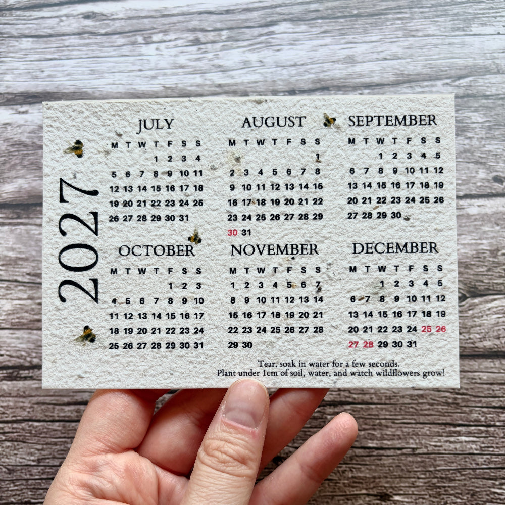A hand holding a square, textured off-white seed paper calendar card for 2027, decorated with small bumblebees and a small plant illustration, set against a rustic gray wood plank background.