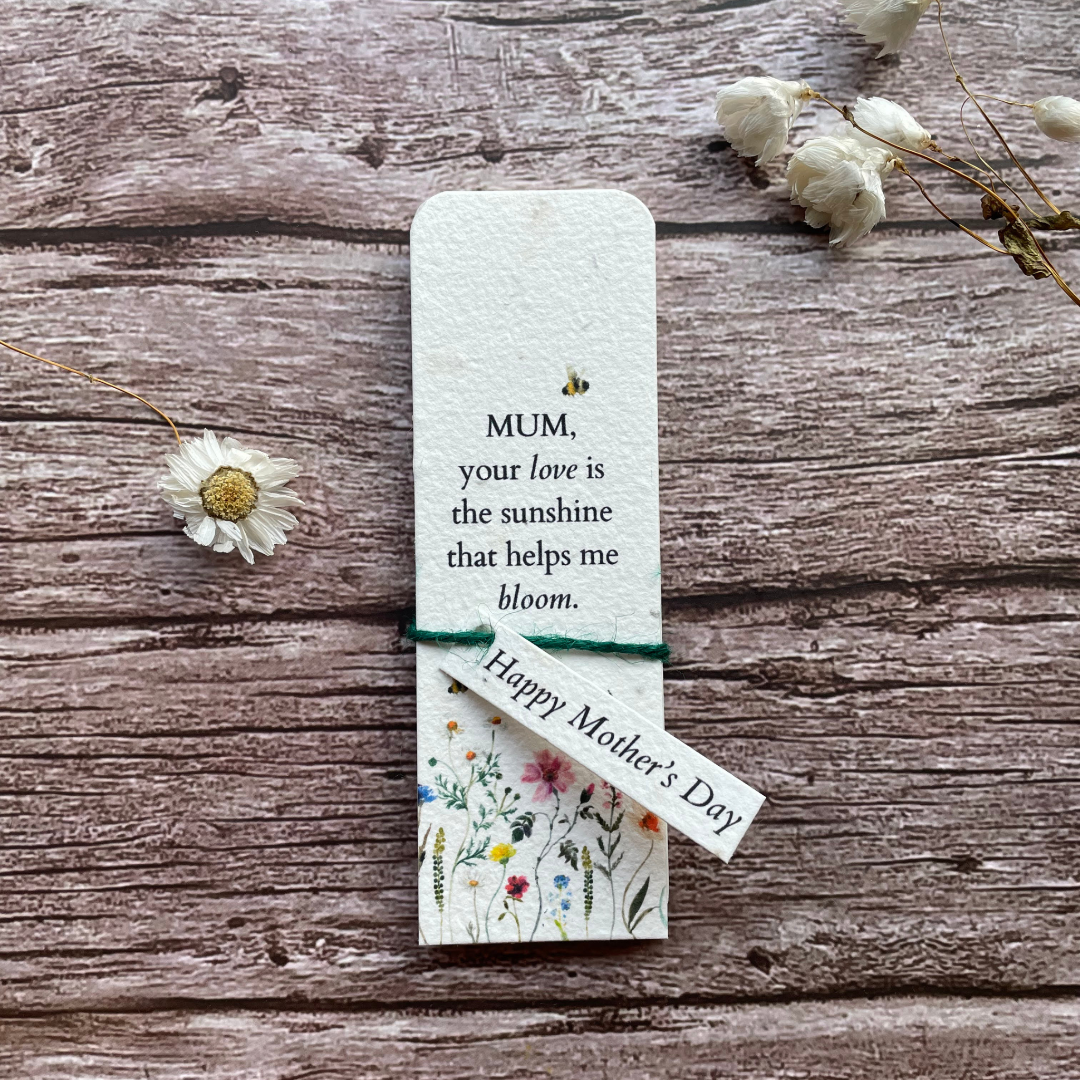 plantable bookmarks tied together with Happy Mother&