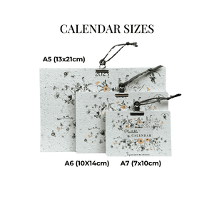 Comparison of sizes for the 2025 Plantable Desk Calendar featuring the Magical Meadow design, showcasing different calendar dimensions.