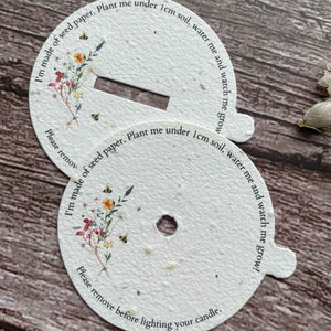 pre-designed, plantable and customisable candle dust covers for wooden or cotton wick candles with bees and wildflowers watercolour design