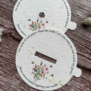 seed paper dust covers for candles with wildflowers and bees printed on them