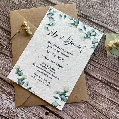 plantable seed paper evening wedding invites with eucalyptus design