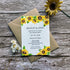 plantable evening guest wedding invitations in sunflowers theme, front view with eco-friendly brown kraft envelope, floral design on wooden background