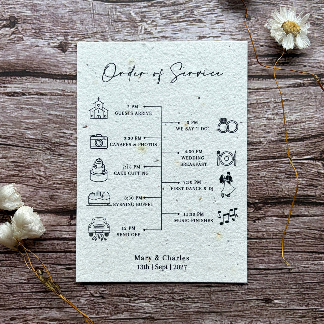 seed paper wedding order of service with plain design on wooden surface