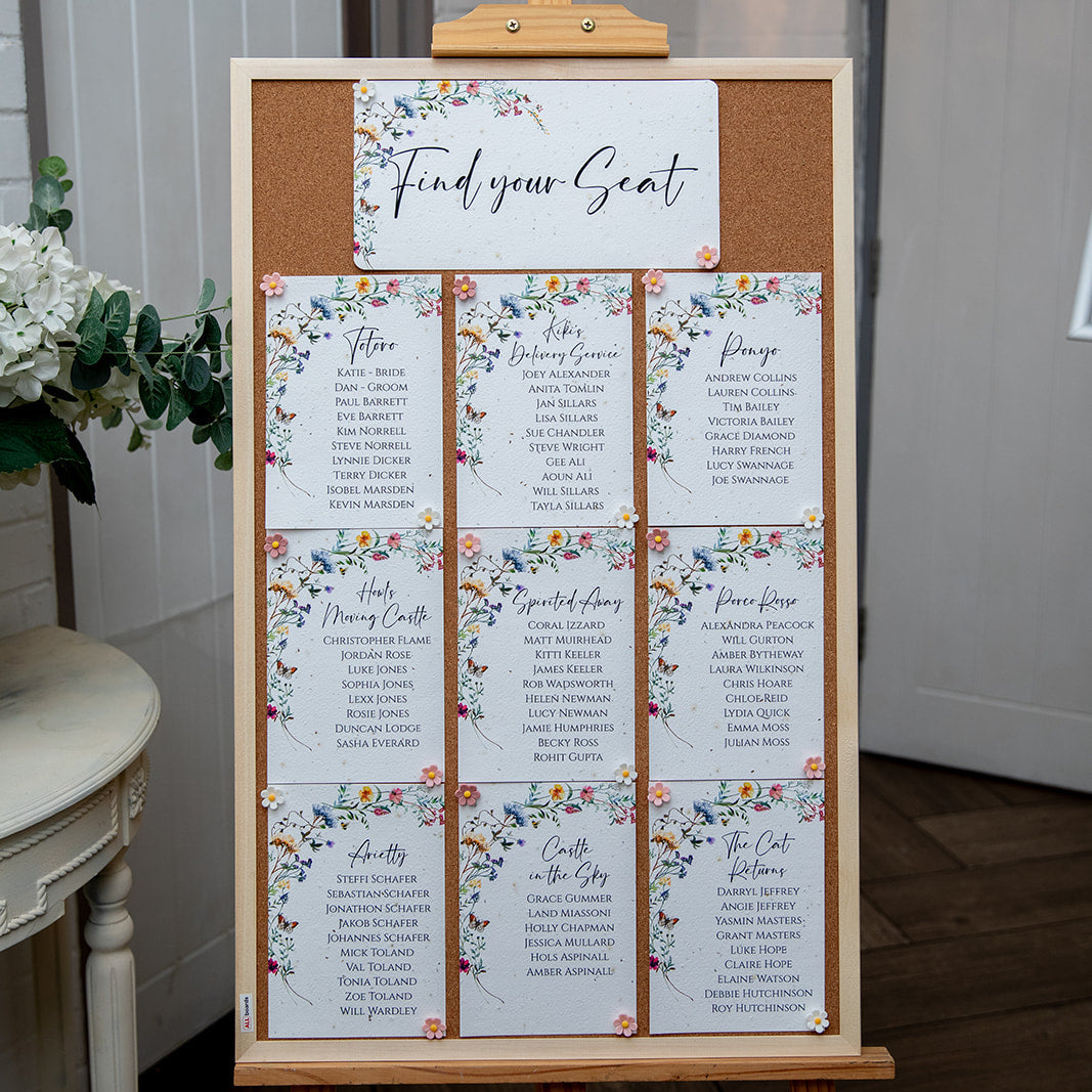 plantable seating plan on wooden cork board