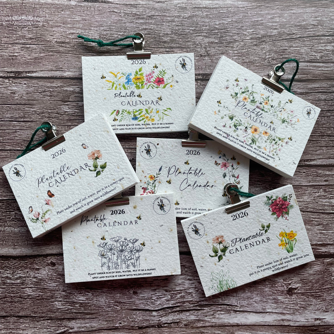 Set of small floral seed paper calendars on a wooden surface