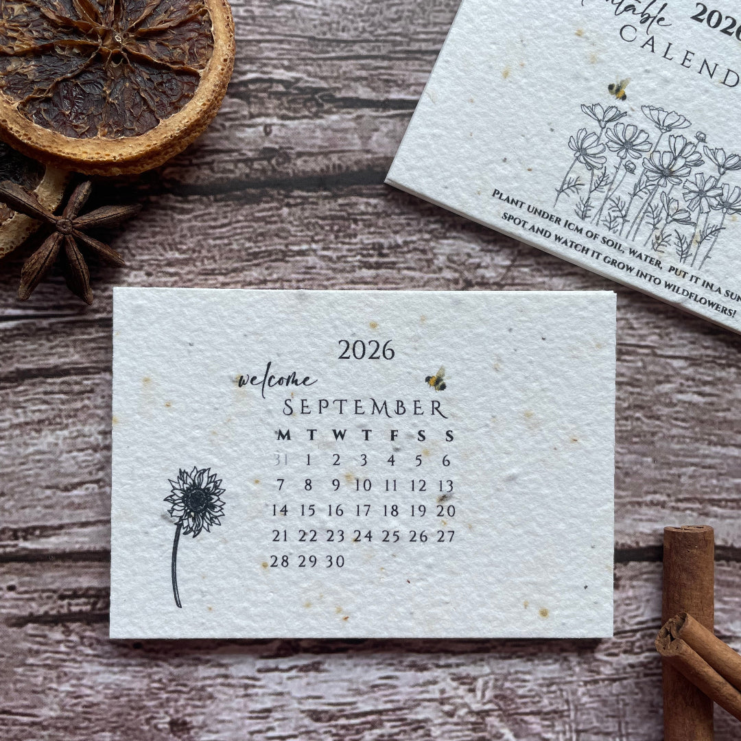 Calendar seed paper card with 2026 september layout on a wooden surface with dried oranges and cinnamon sticks.
