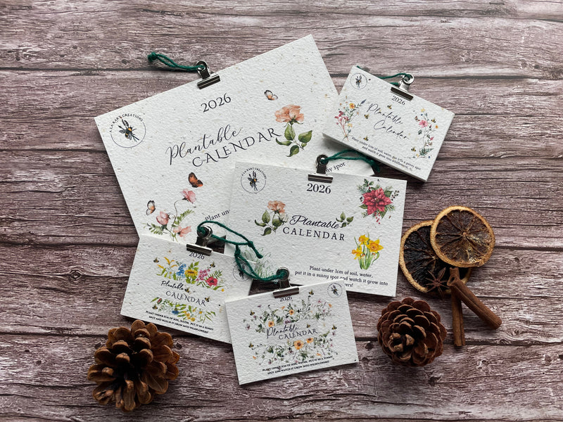 Set of plantable calendar cards on a wooden surface with decorative elements.
