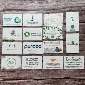 showcase of various plantable seed paper business cards made for different brands, highlighting eco-friendly customisation options, from A La KArt Creations