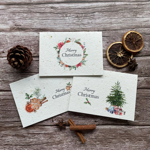 plantable seed paper christmas cards with gingerbread, wreath and christmas tree design