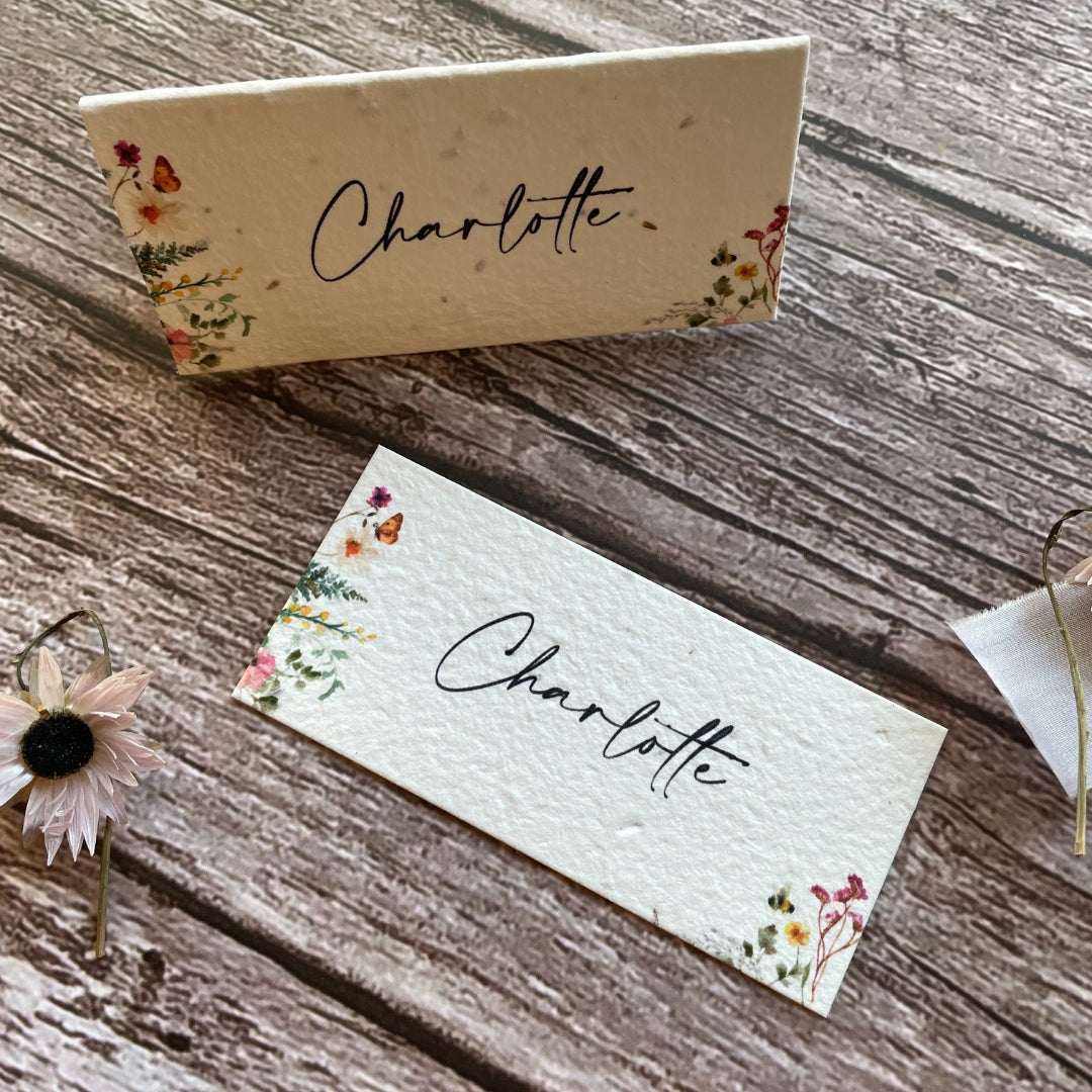 plantable seed paper wedding guest place cards with wildflower meadow design