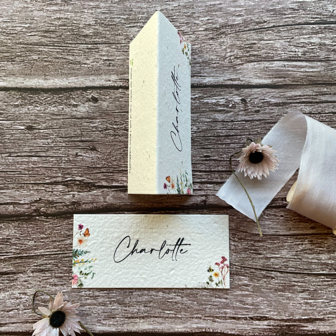 plantable seed paper flat or folded wedding guest place cards with wildflower meadow design