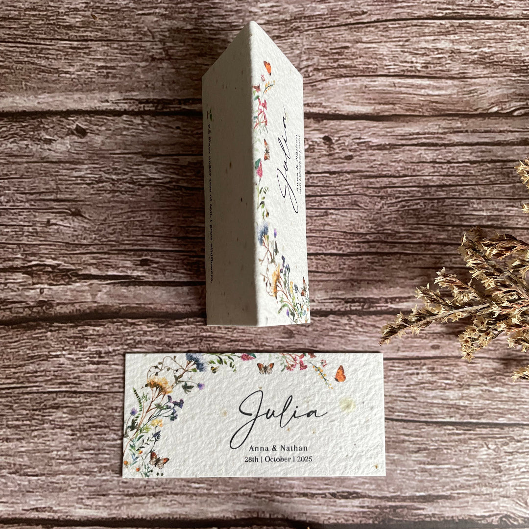seed paper guest wedding place cards with wildflower meadow