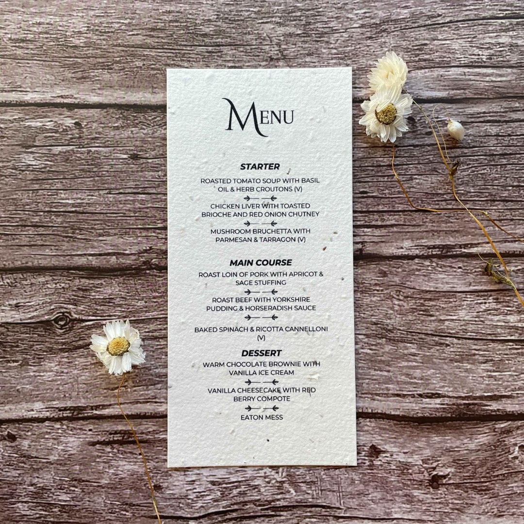 plantable seed paper menu card on wooden background
