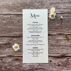 plantable seed paper menu card on wooden background
