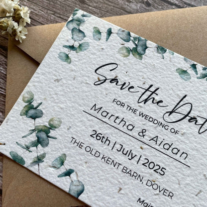 plantable wedding save the date cards eucalyptus theme, angled close-up brown envelope, alakartcreations