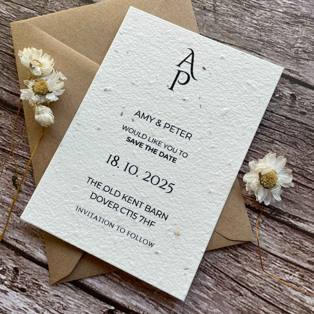 plantable wedding save the date cards minimalistic theme, angled view brown envelope, alakartcreations