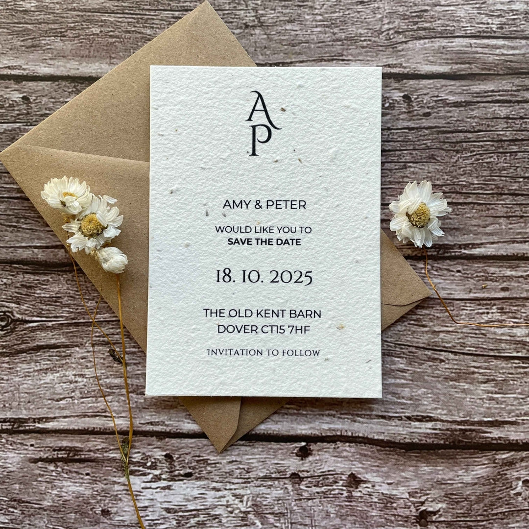 plantable wedding save the date cards minimalistic theme, brown kraft envelope, alakartcreations