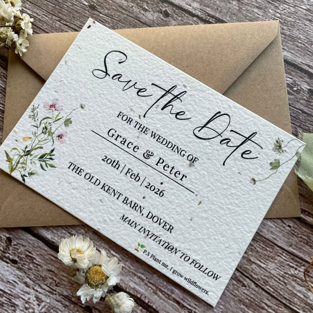 plantable wedding save the date cards spring green theme, angled right brown envelope, alakartcreations