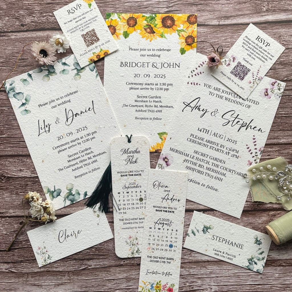 plantable wedding stationery collection with save the dates, main invites, name cards and reply cards with QR code