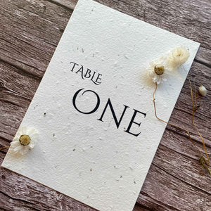 plantable seed paper wedding table number or name cards with minimalistic theme, angled view, eco-friendly wedding stationery, alakartcreations