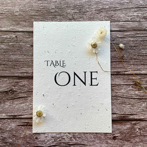 plantable seed paper wedding table number or name cards with minimalistic theme, front close-up view, eco-friendly wedding stationery, alakartcreations