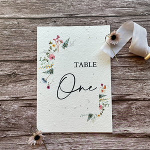 plantable seed paper wedding table number or name cards with wildflower meadow theme, eco-friendly wedding stationery, alakartcreations