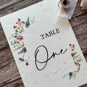 plantable seed paper wedding table number or name cards with wildflower meadow theme, angled view, eco-friendly wedding stationery, alakartcreations