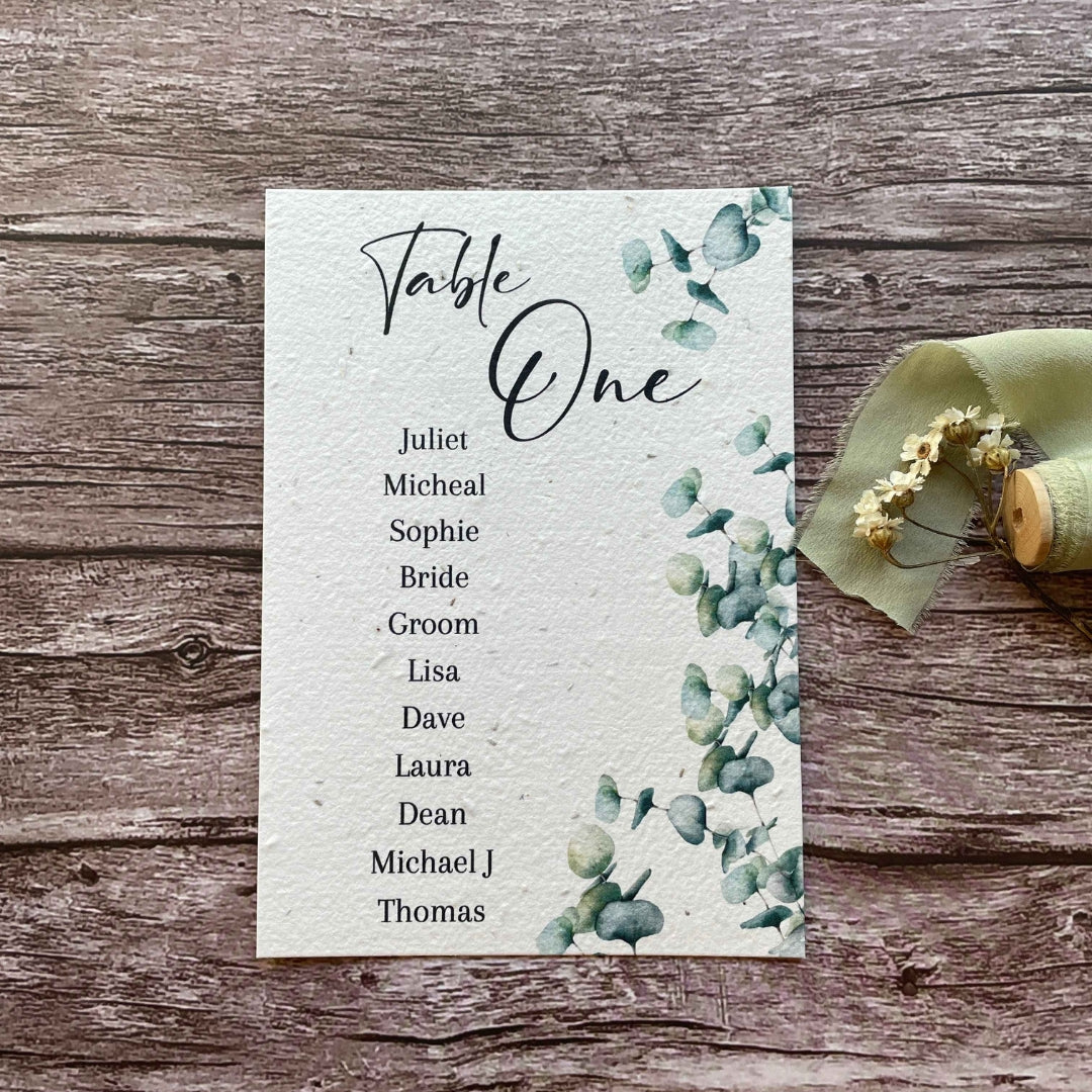 plantable seed paper wedding table seating plan with eucalyptus theme, front view, eco-friendly wedding stationery, alakartcreations