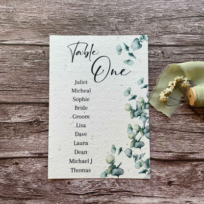 plantable seed paper wedding table seating plan with eucalyptus theme, front view, eco-friendly wedding stationery, alakartcreations