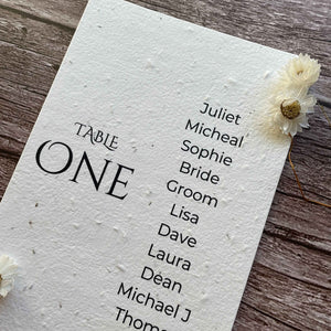 plantable seed paper wedding table seating plan with plain theme, angled view, eco-friendly wedding stationery, alakartcreations