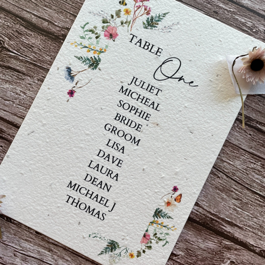 plantable seed paper wedding table seating plan with wildflower meadow theme, angled view, eco-friendly wedding stationery, alakartcreations
