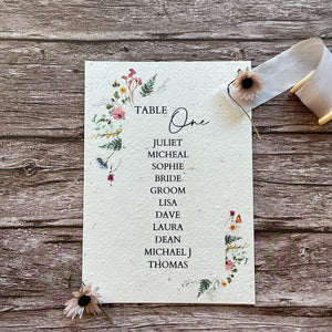 plantable seed paper wedding table seating plan with wildflower meadow theme, front view, eco-friendly wedding stationery, alakartcreations