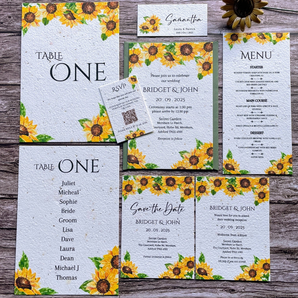 wedding stationery collection with sunflowers made from UK seed paper 