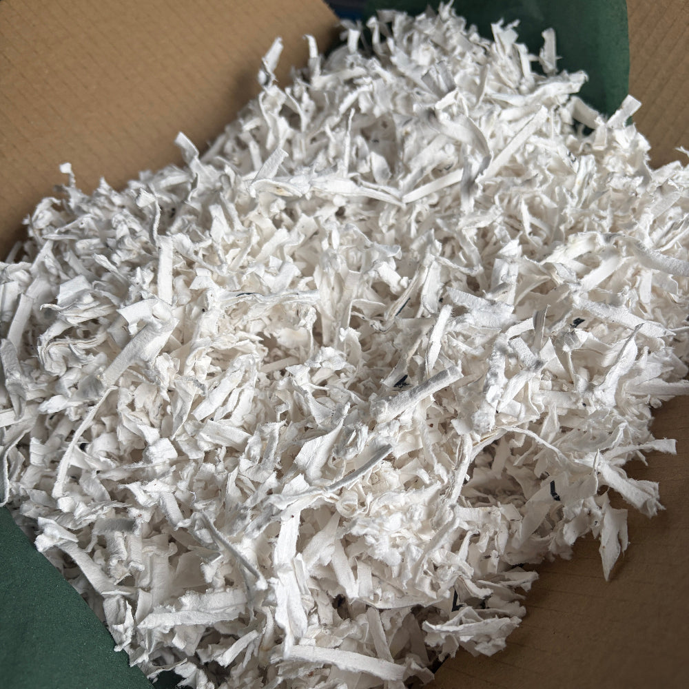 plantable box filler shredded paper in a cardboard box with green paper on the side