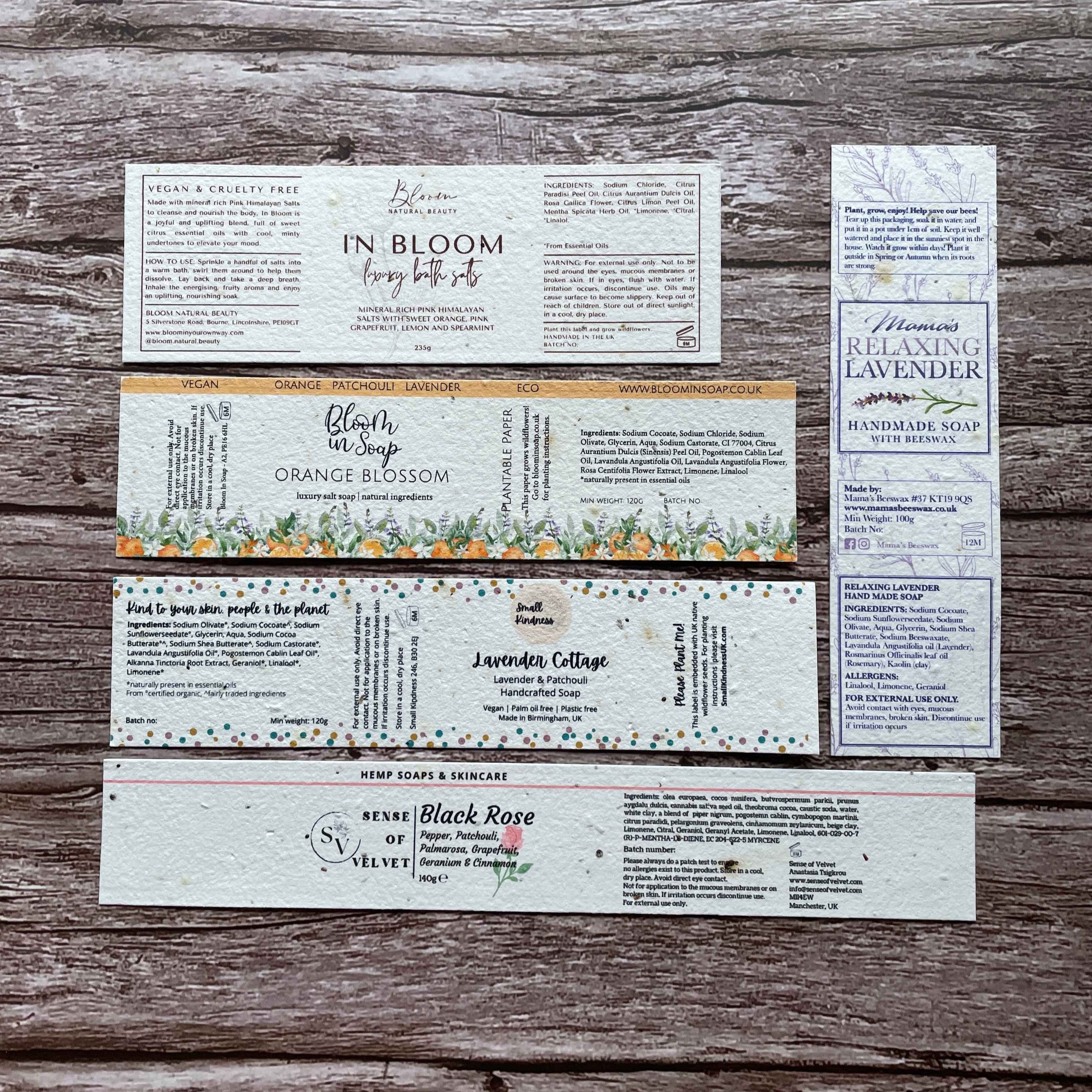 plantable seed paper soap labels made from UK seed paper