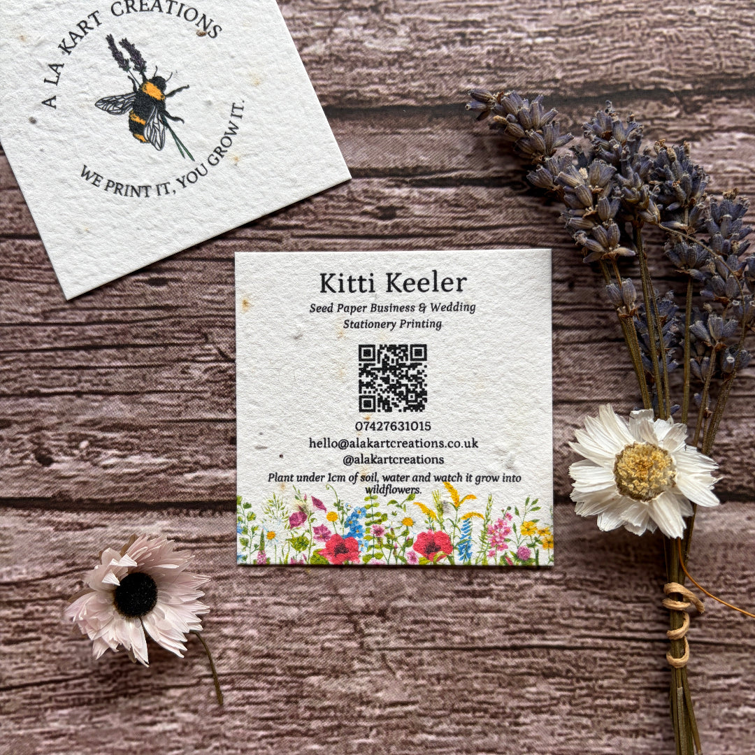 plantable square business cards with a wildflower meadow design