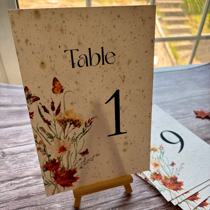 Plantable table number card with autumn floral design and &