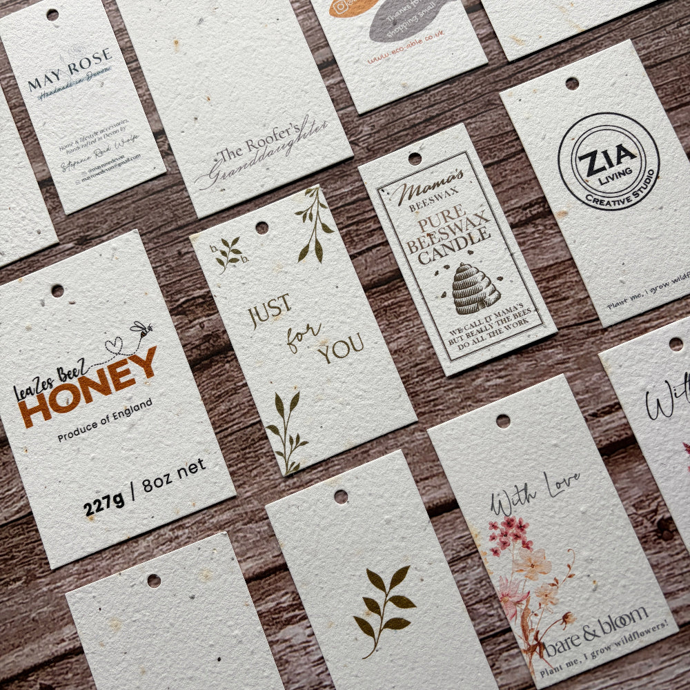 plantable tags made from seed paper on a wooden background