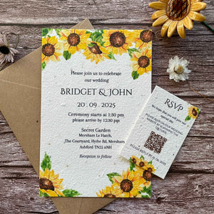 personalised plantable wedding invitations in sunflowers theme, front view with eco-friendly brown kraft envelope, qr code rsvp on wooden background.
