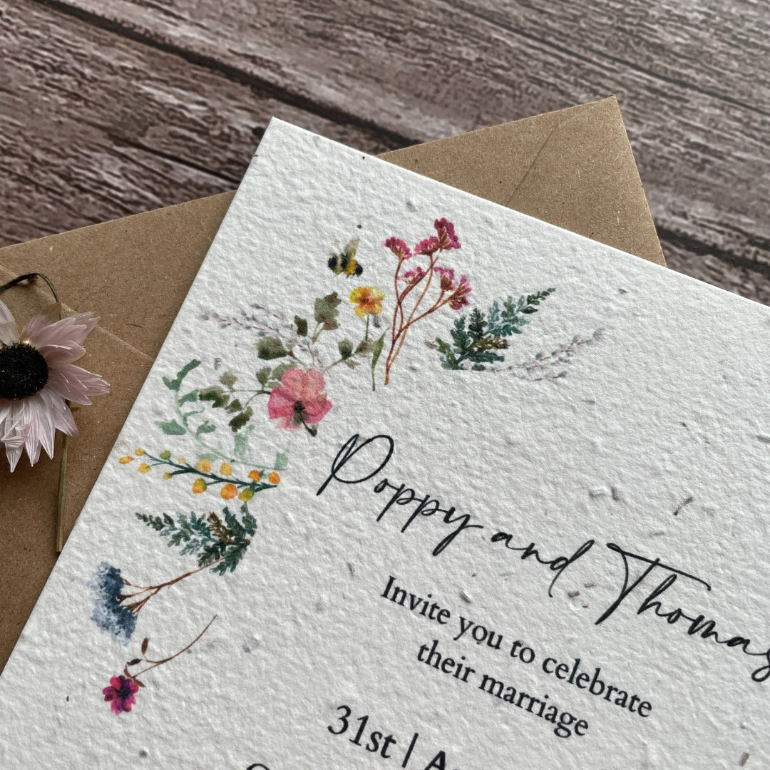 wildflower meadow wedding invites printed on seed paper