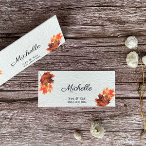 plantable wedding place cards with autumn maple leaves design, eco-friendly seed paper, alakartcreations