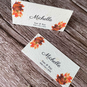 seed paper wedding place cards for autumn wedding, maple leaves theme, alakartcreations