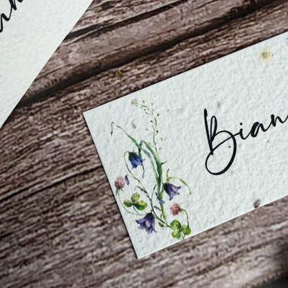 plantable wedding name cards with wildflowers close up