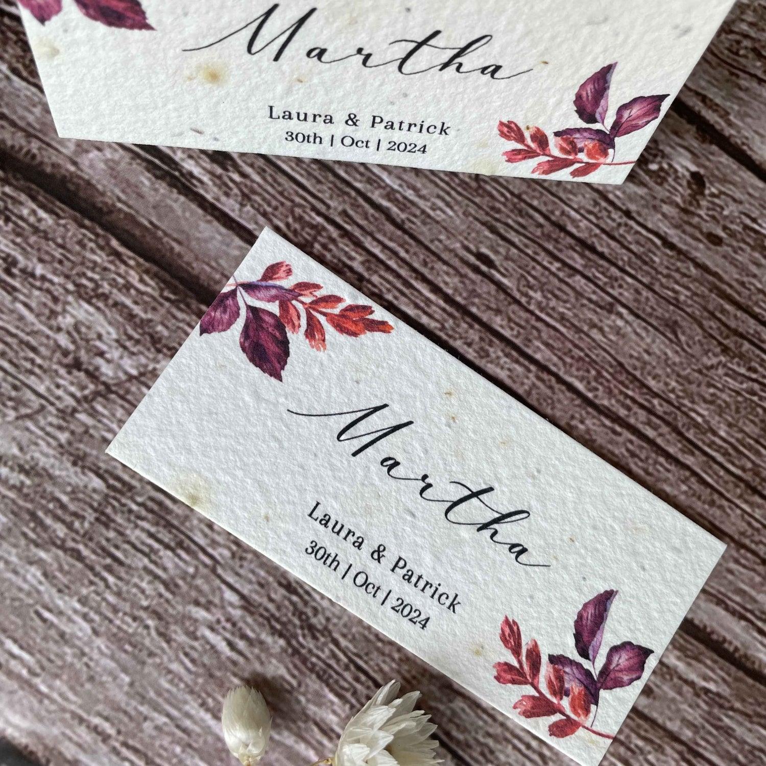 plantable wedding place cards with autumn themed plum leaves design, alakartcreations
